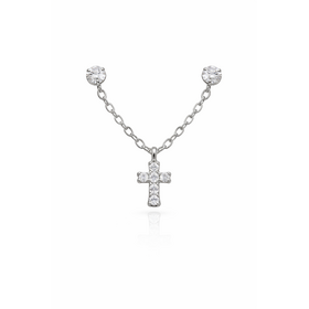 31635 14K WHITE GOLD CUBIC ZIRCONIA DOUBLE STUD CROSS HANGING EARRINGS