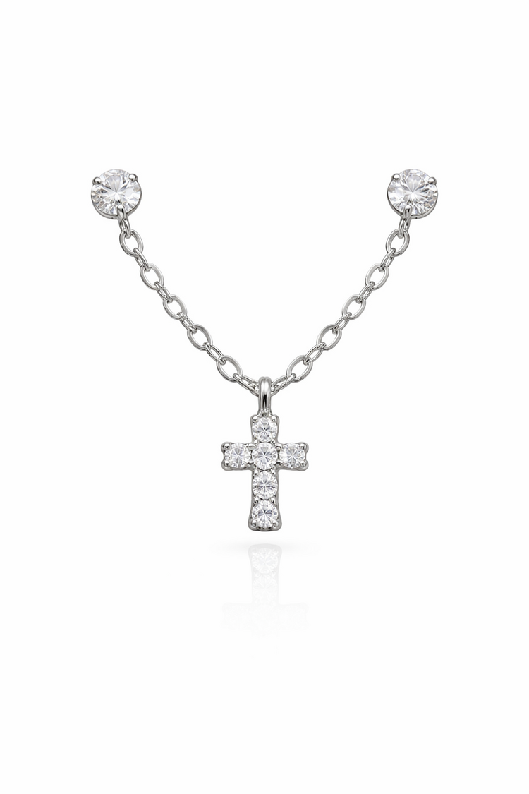 31635 14K WHITE GOLD CUBIC ZIRCONIA DOUBLE STUD CROSS HANGING EARRINGS
