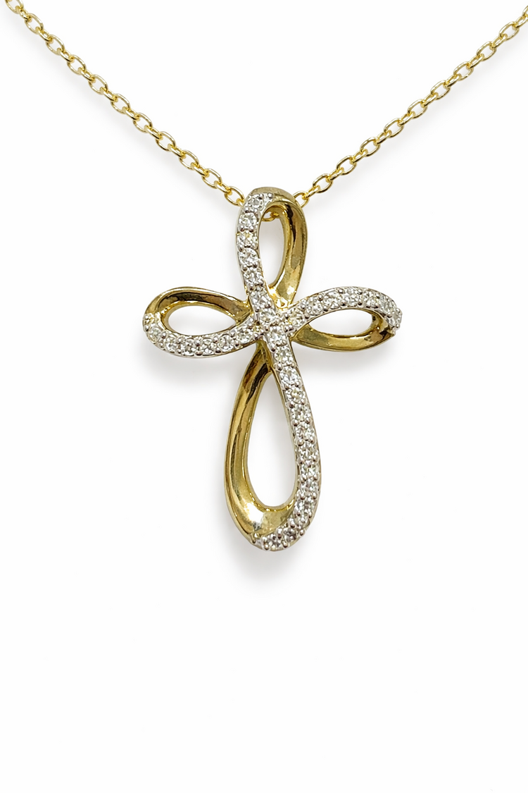70656 10K YELLOW GOLD .10TCW DIAMOND RIBBON CROSS PENDANT