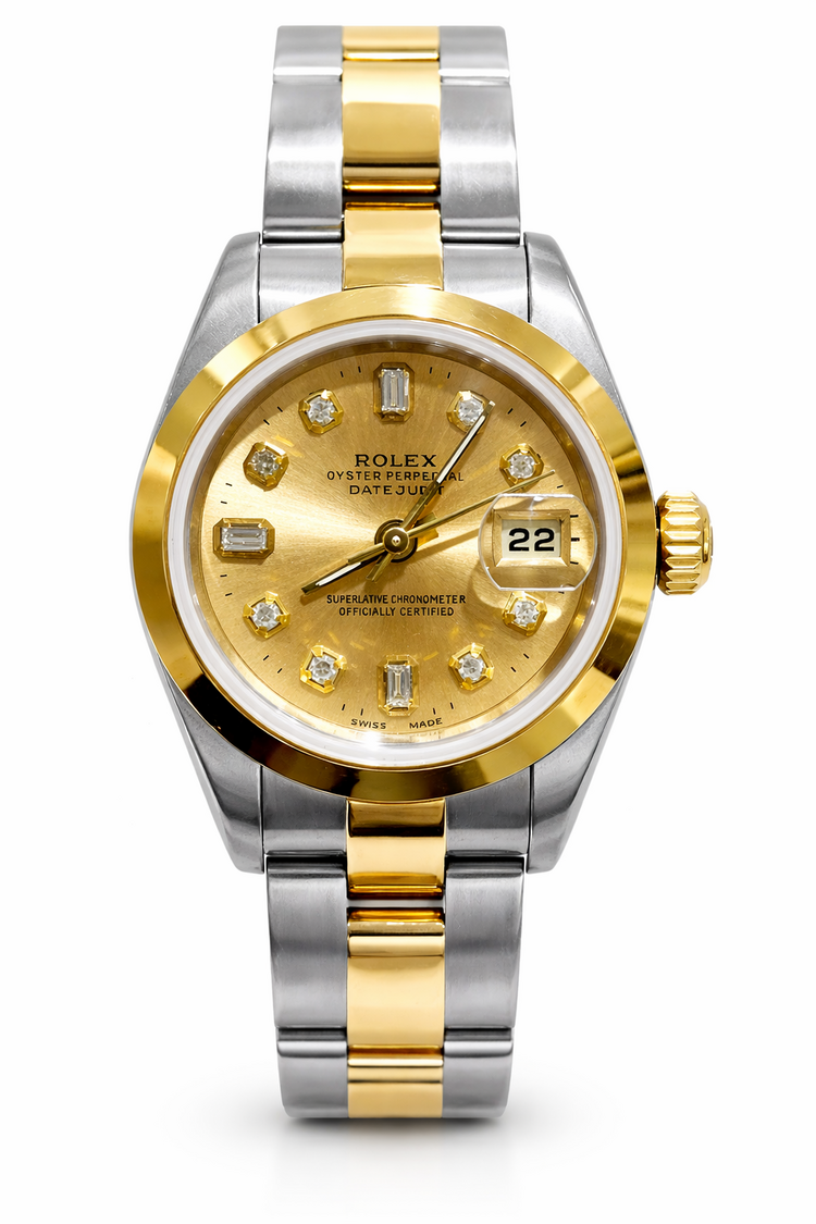 10051 TWO TONE LADIES 26MM ROLEX  .17CT DIAMOND ON GOLD DIAL DATEJUST WATCH