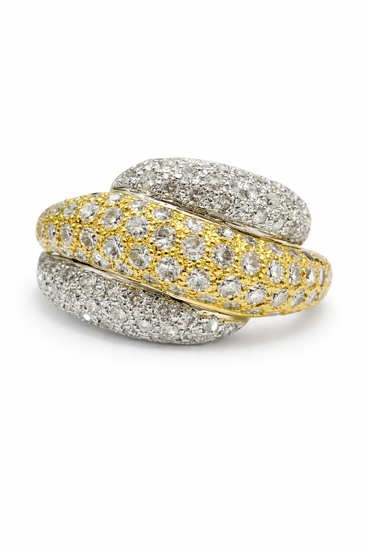 40453 18K TWO TONE GOLD 1.75CT WIDE THREE ROW WAVED PAVE SET DIAMOND RING