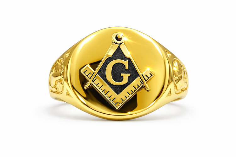 45076 14K YELLOW GOLD BLACK MATT FINISH CENTER  "G" MASON RING