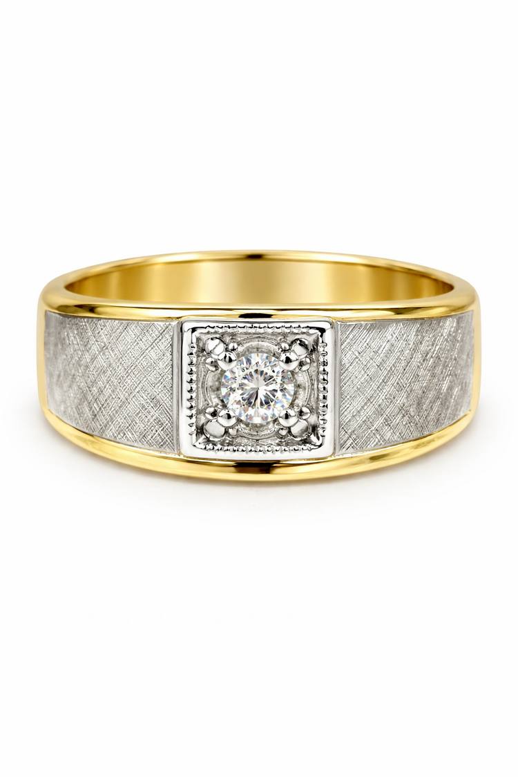 45066 14K TWO TONE .20CT ROUND DIAMOND SQUARE CENTER FLORENTINE BRUSH ACCENT MENS RING