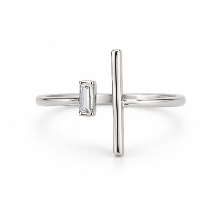 40179 14K WHITE GOLD OPEN DESIGN BAR AND TAPERED BAGUETTE 0.06TCW DIAMOND RING