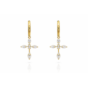 30344 14K YELLOW GOLD HANGING CUBIC ZIRCONIA CROSS HUGGIES