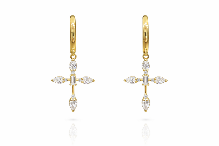 30344 14K YELLOW GOLD HANGING CUBIC ZIRCONIA CROSS HUGGIES