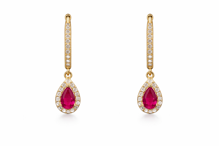 31609 14K YELLOW GOLD CUBIC ZIRCONIA PINK HALO DROP DANGLING EARRINGS