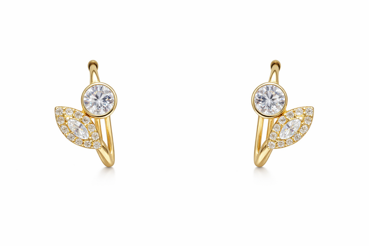 31626 14K YELLOW GOLD CUBIC ZIRCONIA MARQUIS AND ROUND BEZEL SHAPE HUGGIES