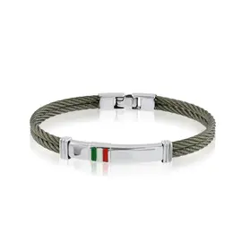 ITALGEM STAINLESS STEEL DOUBLE BLACK CABLE AND ID BAR WITH ITALIAN FLAG BANGLE BRACELET