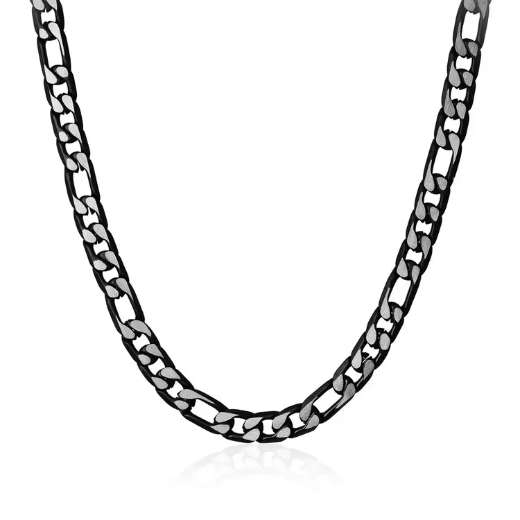 SBWN13 ITALGEM STAINLESS STEEL BLACK-IP MATTE-D.CUT 9.4MM-FIGARO-LINK 24"-CHAIN