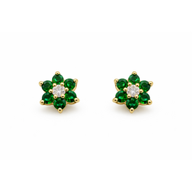 31185 14K YELLOW GOLD  EMERALD FLOWER .16TCW DIAMOND STUDS