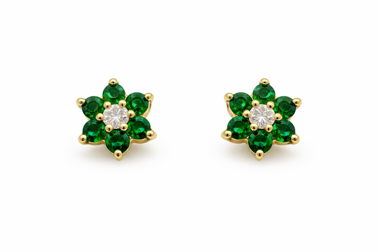 31185 14K YELLOW GOLD  EMERALD FLOWER .16TCW DIAMOND STUDS