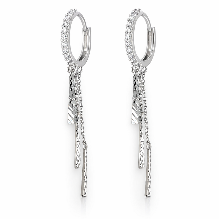 31542 14K WHITE GOLD DIAMOND CUT TRIPLE DROP ROPE BARS FROM CUBIC ZIRCONIA HUGGIES