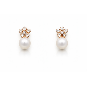 31585 14K YELLOW GOLD CUBIC ZIRCONIA FLOWER WITH A PEARL SCREW BACK STUDS