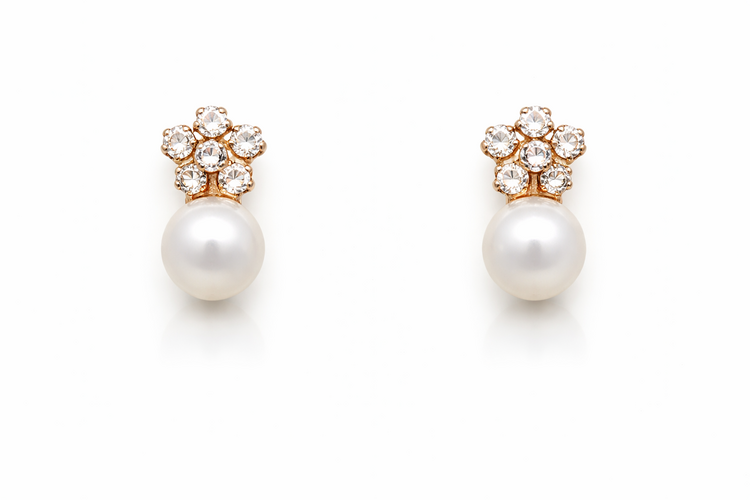 31585 14K YELLOW GOLD CUBIC ZIRCONIA FLOWER WITH A PEARL SCREW BACK STUDS