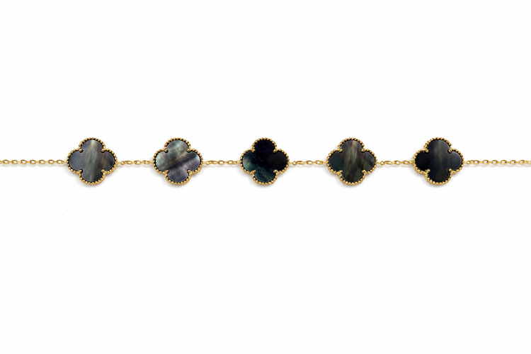 20484 14K YELLOW GOLD 13.5MM 5 BLACK MOTHER OF PEARL CLOVER BRACELET