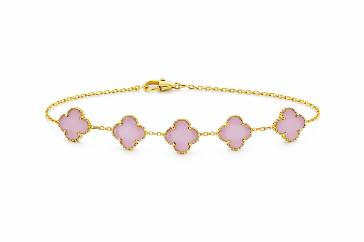 20483 14K YELLOW GOLD 11.5MM 5 TRANSPARENT PINK CLOVER BRACELET