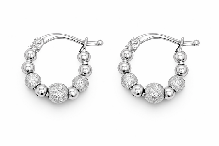 30208 18K WHITE GOLD LASER FINISH AND HIGH POLISH BEAD HOOP HUGGIES 11MM