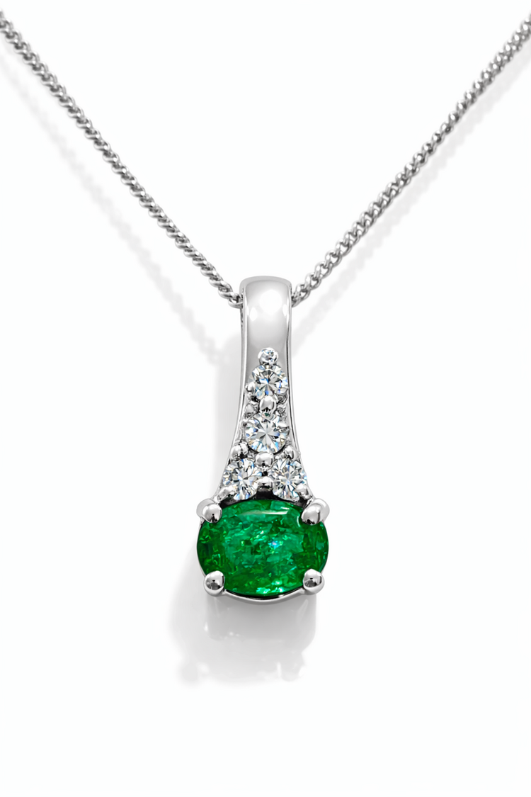 70561 14K WHITE GOLD OVAL SIDEWAY EMERALD .10CT DIAMOND PENDANT SET