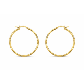 31096 14K YELLOW GOLD 1.45" 2MM DIAMOND CUT SATIN FINISH TUBE HOOPS
