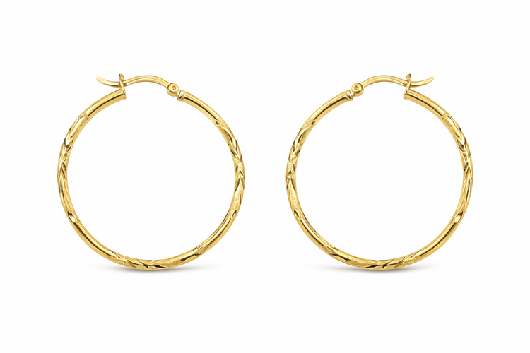 31096 14K YELLOW GOLD 1.45" 2MM DIAMOND CUT SATIN FINISH TUBE HOOPS