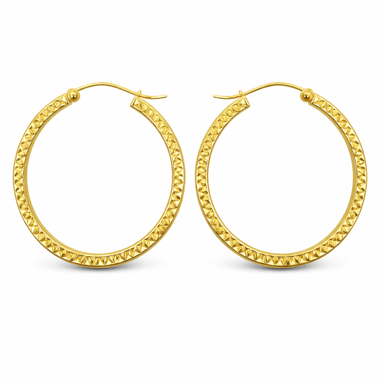 31556 14K YELLOW GOLD DIAMOND CUT FLAT TUBED HOOPS 1.25"