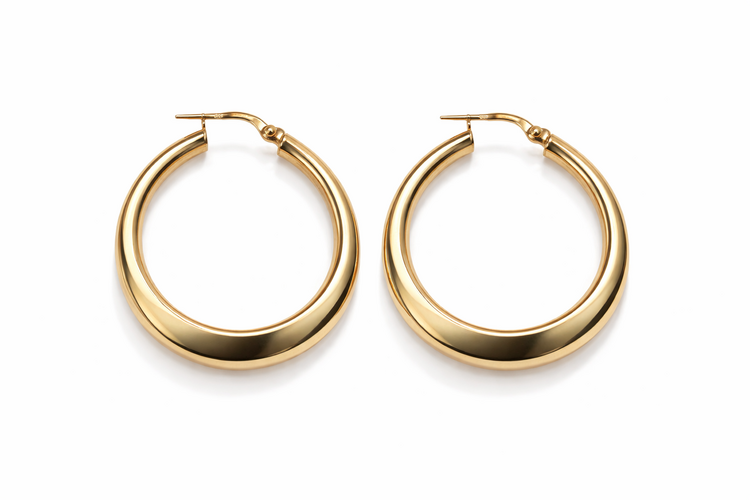 30641 14K YELLOW GOLD 1.5" FLAT HIGH POLISH HOOPS