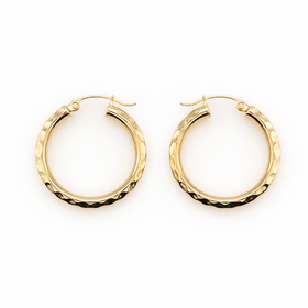 31359 14K YELLOW GOLD DIAMOND CUT 3MM TUBE HOOPS 1''