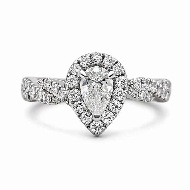 475472 14 WHITE GOLD .66TCW HALO PEAR SHAPE  BRAIDED SHANK DIAMOND RING