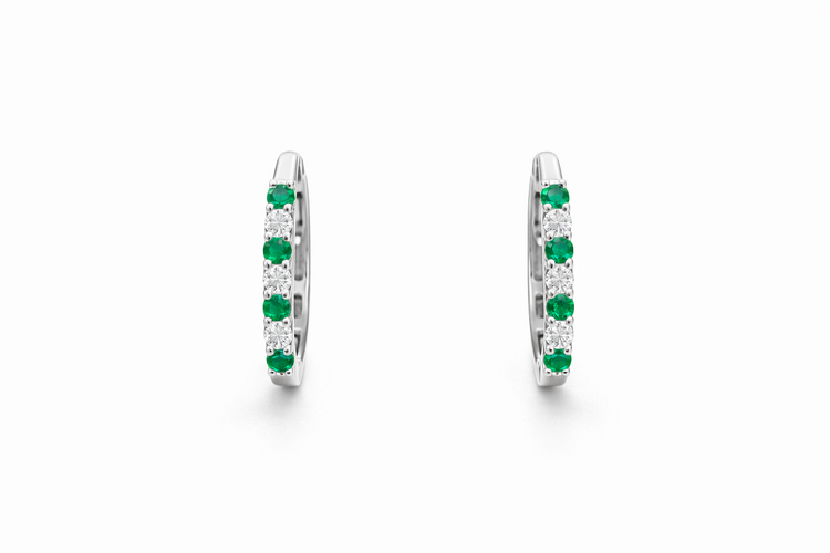 31680 14K WHITE GOLD .24TCW EMERALD DIAMOND OVAL HOOPS EARRINGS