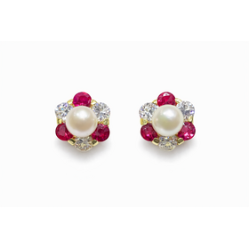31682 14K YELLOW GOLD PINK AND WHITE CUBIC ZIRCONIA PERL CENTER FLOWER SCREW BACK STUDS