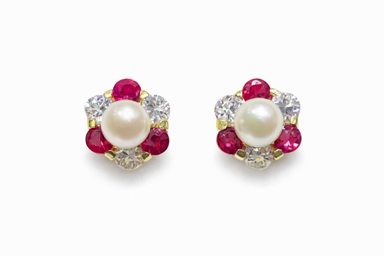 31682 14K YELLOW GOLD PINK AND WHITE CUBIC ZIRCONIA PERL CENTER FLOWER SCREW BACK STUDS
