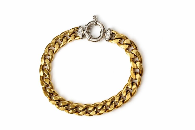 20503 14K 2 TONE SEMI HOLLOW CURB LINK WITH FANCY DIAMOND LOCK BRACELET