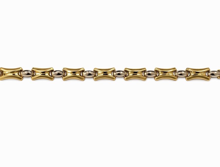 20457 18K TWO TONE GROOVED HIGH POLISH AND SATIN FINISH FANCY LINK BRACELET 7.75''