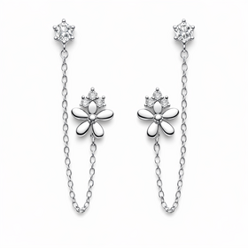 31684 14K WHITE GOLD CUBIC ZIRCONIA CHAINED FLOWER STUDS