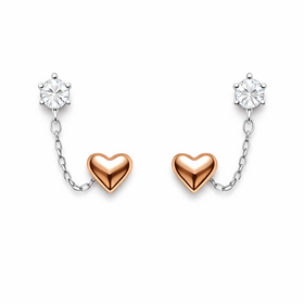 31689 14K WHITE GOLD CUBIC ZIRCONIA CHAINED ROSE-GOLD HEART STUDS