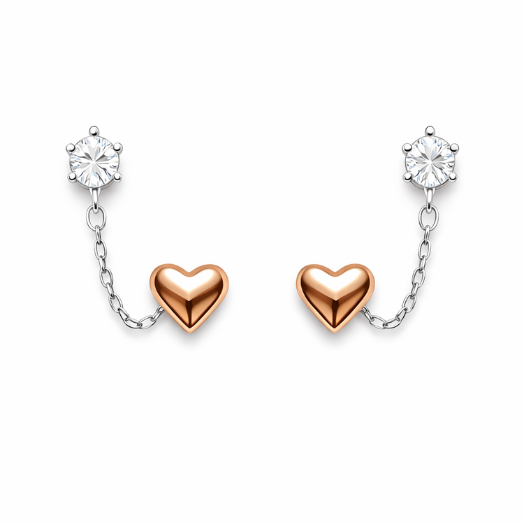 31689 14K WHITE GOLD CUBIC ZIRCONIA CHAINED ROSE-GOLD HEART STUDS