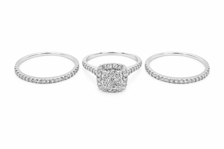 40248 10K WHITE GOLD 1TCW DIAMOND CLUSTER. CENTER WITH SQUARE HALO AND TWO MATCHING DIAMOND BANDS
