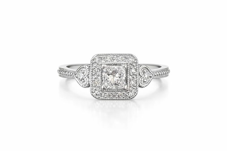 40406 14K WHITE GOLD .35CT DIAMOND PRINCESS CUT HALO WITH HEARTS ON THE SHANK RING