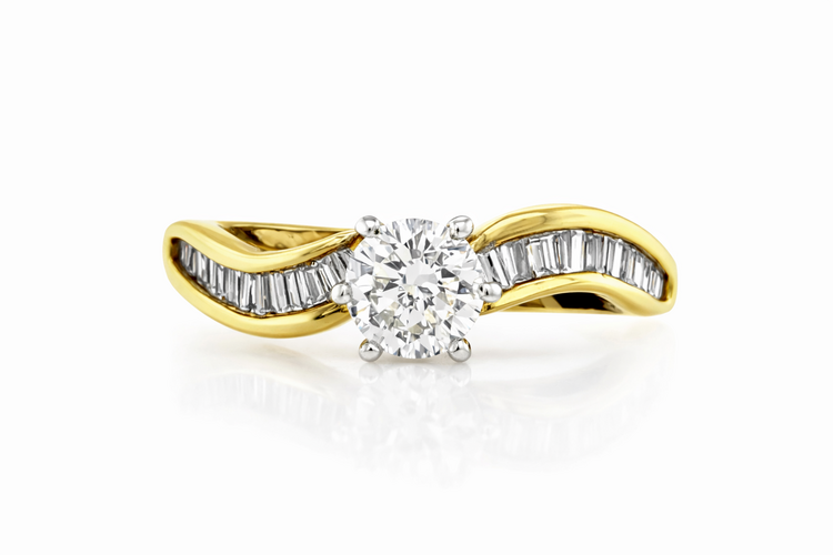 475338 14K YELLOW GOLD .50TCW ROUND CENTER CHANNEL SET BAGUETTE WAVE DESIGN ENGAGEMENT RING