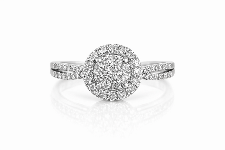 40237 10K WHITE GOLD .50TCW CLUSTER WITH MIRACLE SET HALO SPLIT TWISTED SHANK RING