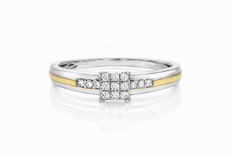 475441 10K TWO TONE .15TCW DIAMOND CHANNEL SET CLUSTER ENGAGEMENT RING