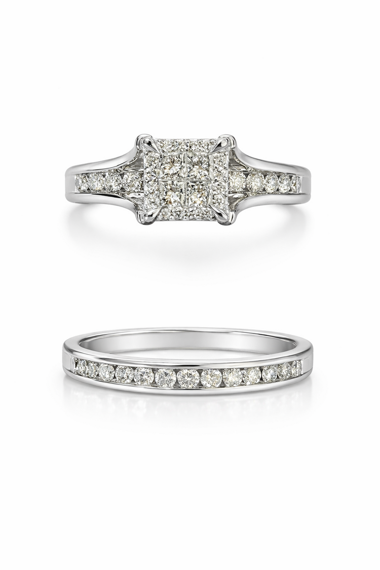 40245 10K WHITE GOLD 1TCW INVISIBLE SET CENTER WITH SQUARE HALO ROUND DIAMOND UNDERCARRIAGE AND MATCHING BAND