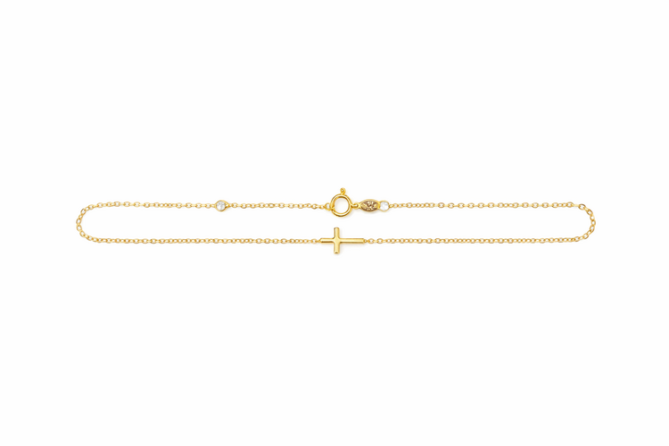 20508 14K YELLOW GOLD  HIGH POLISH CROSS CABLE LINK ANKLET BRACELET