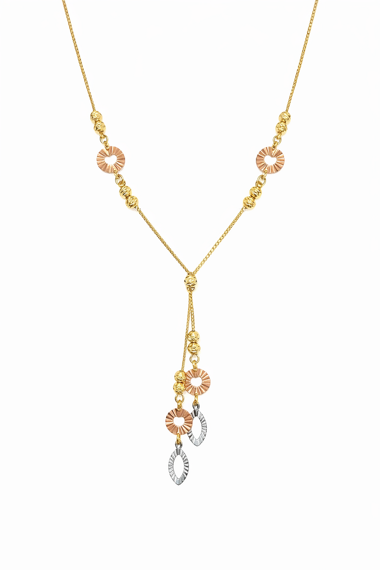 60220 14K TRI COLOR GOLD  DIAMOND CUT DISCS AND BEADS LARIAT NECKLACE