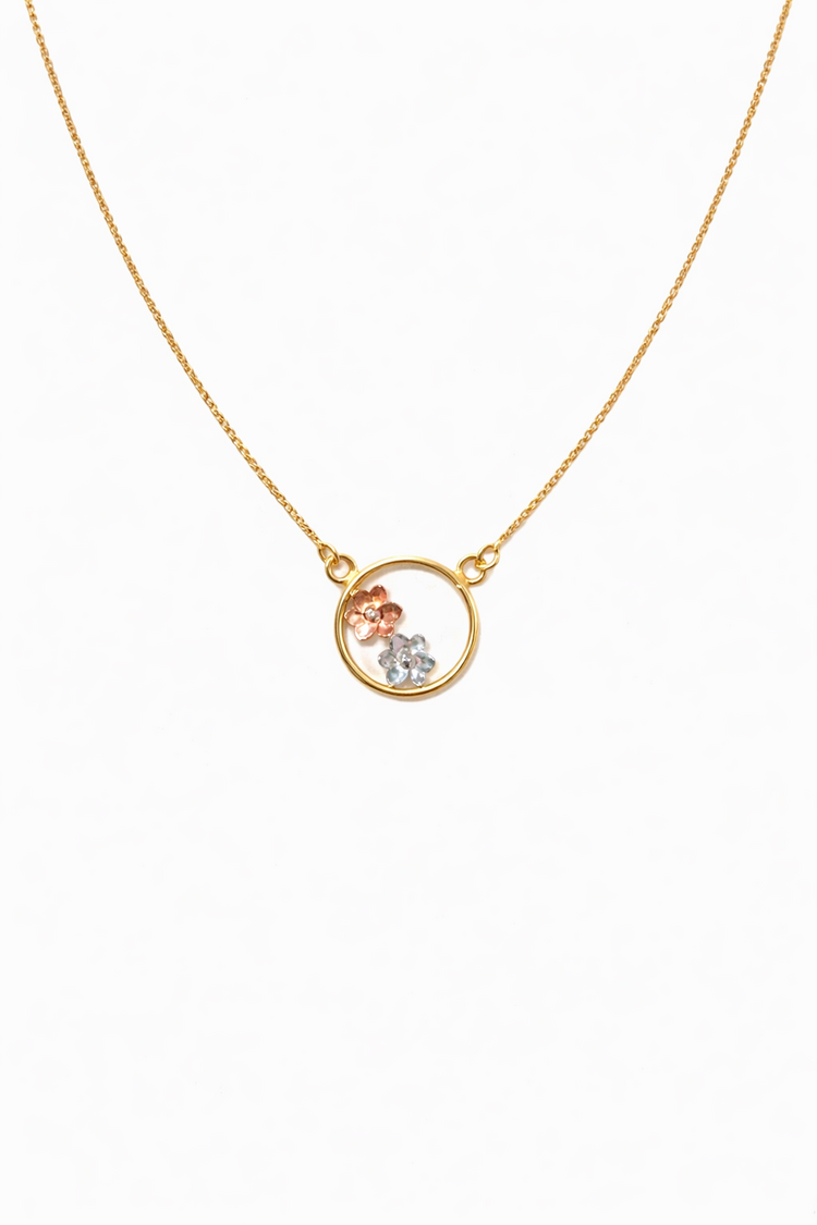 70662 14K TRI COLOR TWO FLOWERS INSIDE OPEN CIRCLE PENDANT SET