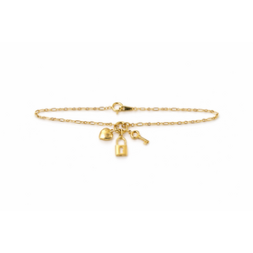 20512 14K YELLOW GOLD HEART KEY LOCK CHARM FIGARO LINK BRACELET