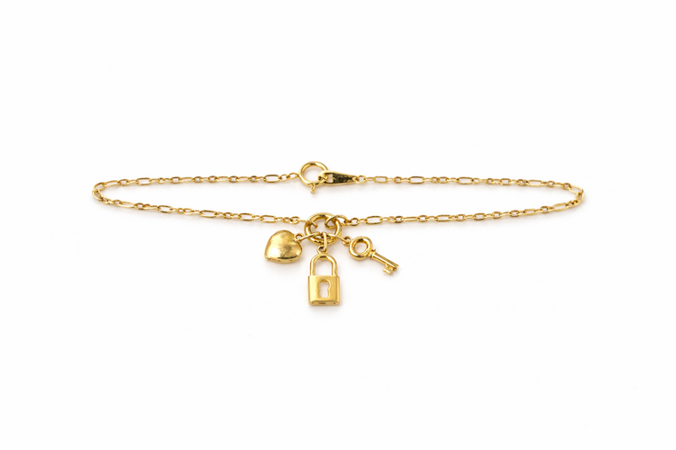 20512 14K YELLOW GOLD HEART KEY LOCK CHARM FIGARO LINK BRACELET