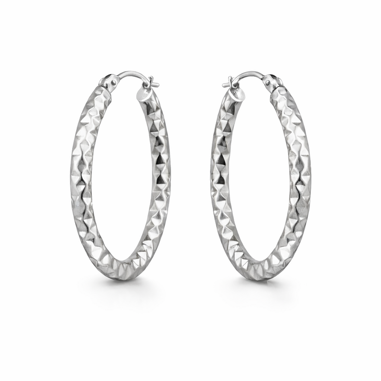 31694 14K WHITE GOLD HAMMERED OBLONG HOOPS