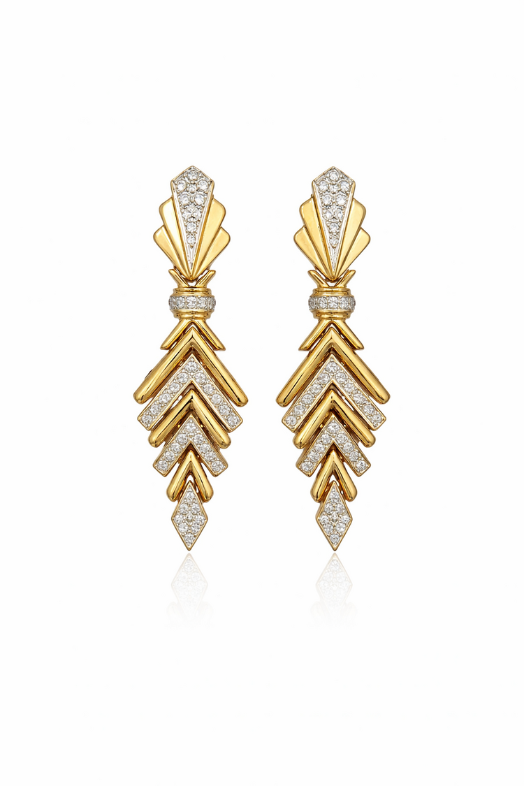 31695 14K YELLOW 2CTW DIAMOND BOLD GOLD GEOMETRIC DESIGN OMEGA CLASP HANGING EARRINGS